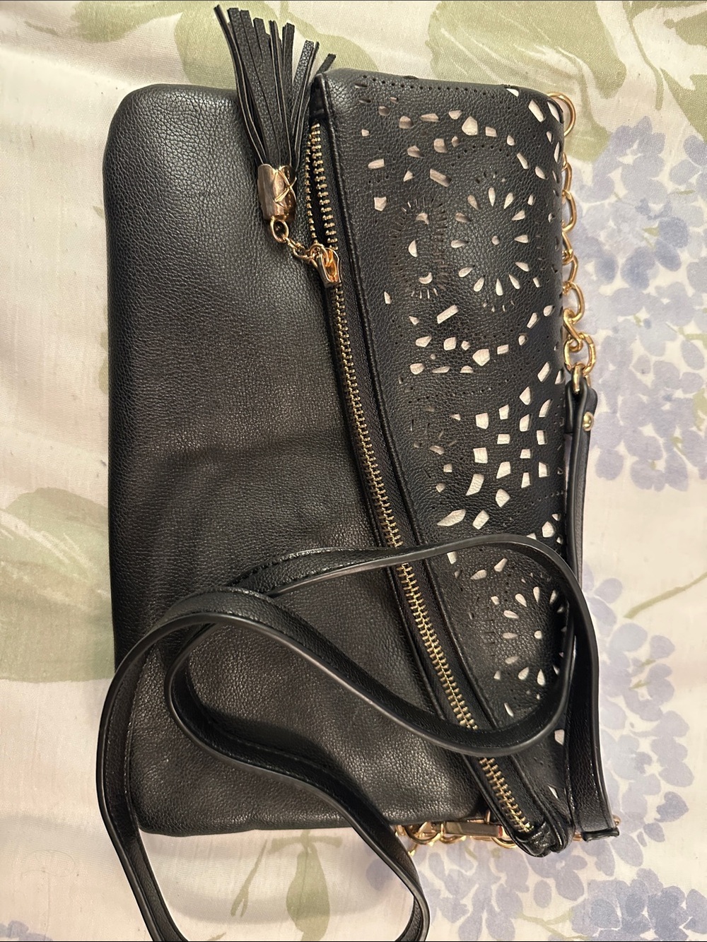 Black Laser-Cut Crossbody Bag with Tassel